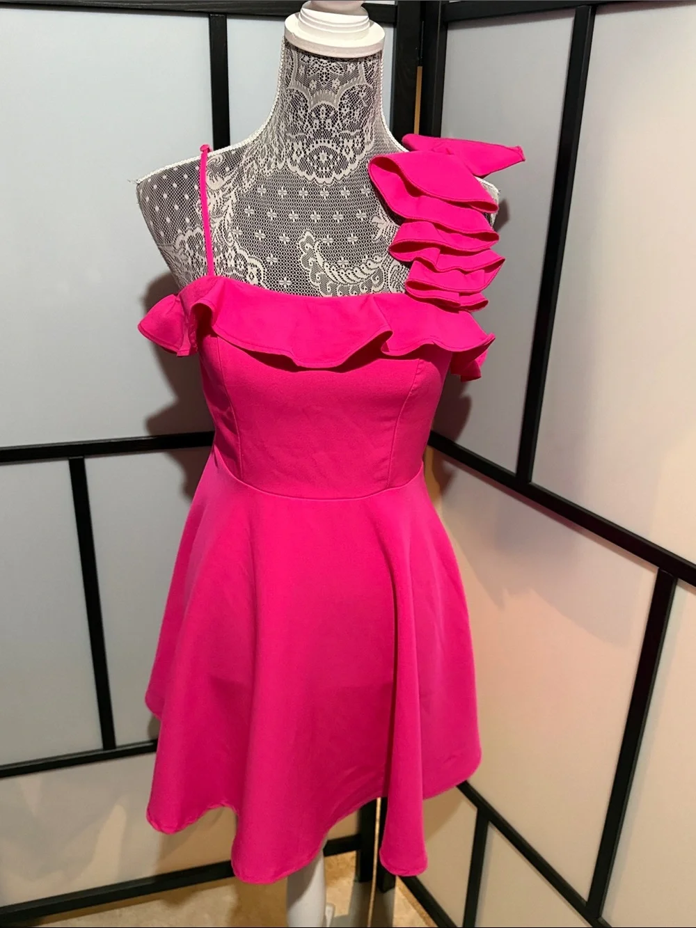City Studio Fuchsia One-Shoulder Ruffle Mini Dress